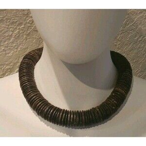 ​VTG Gerda Lynggaard Monies Massive Dark Wood Disc Collar Choker UNsigned 16.5"